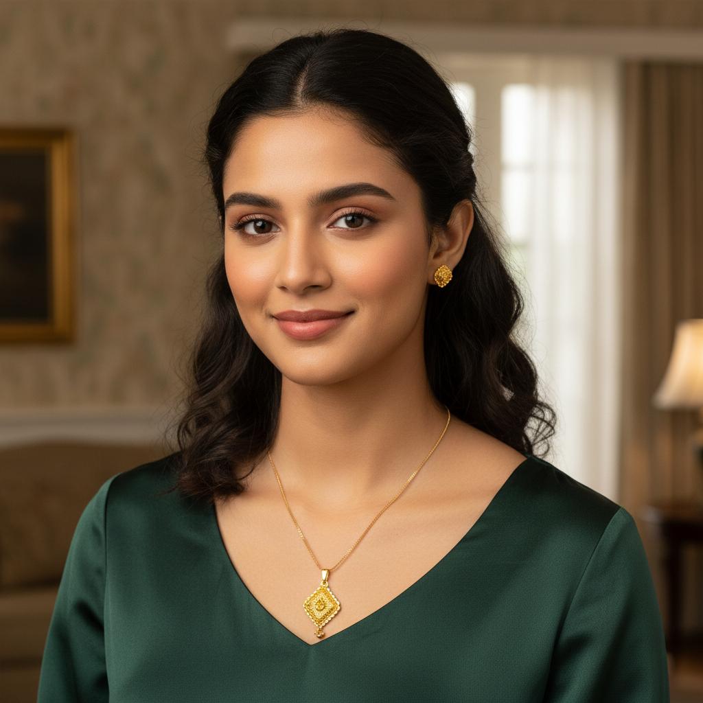 Classic Gold Finish Pendant Necklace with Earrings