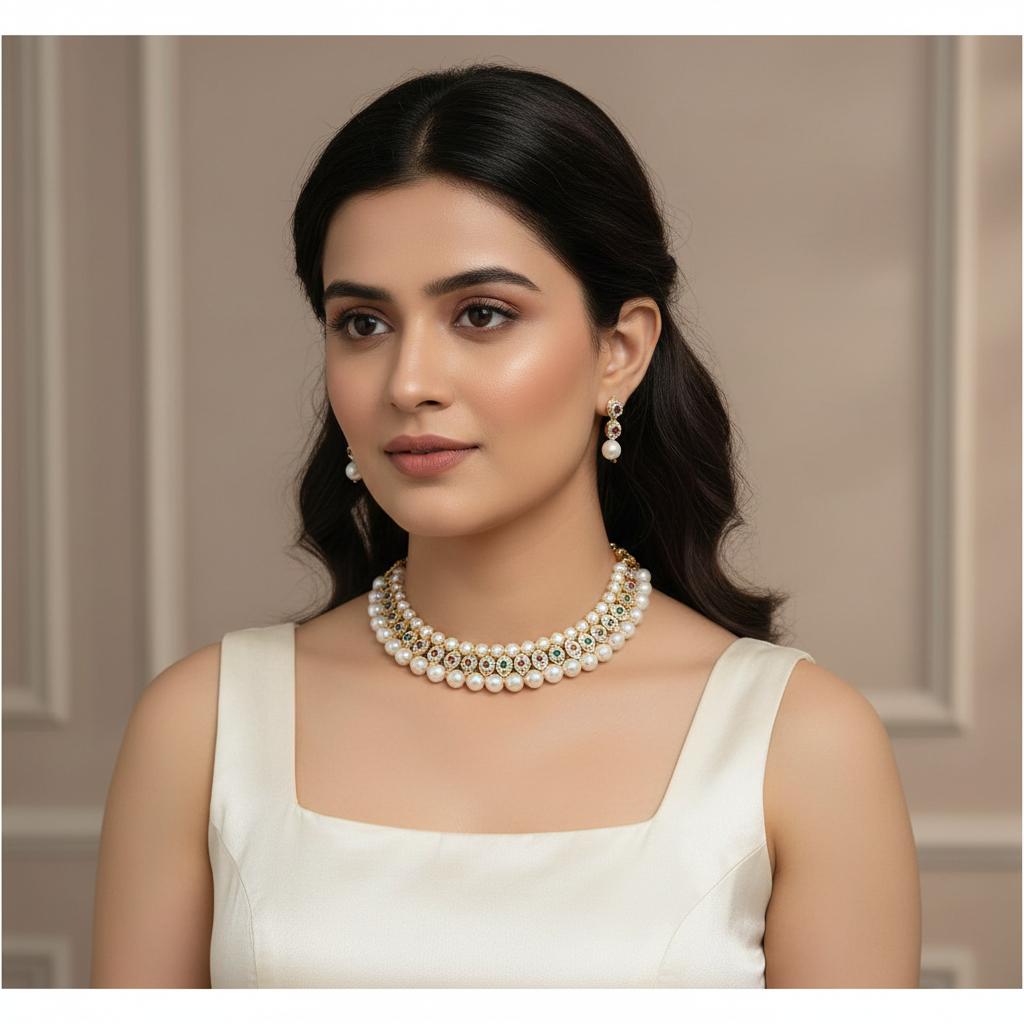 Classic Pearl & Stone Choker Bridal Necklace Set for Women