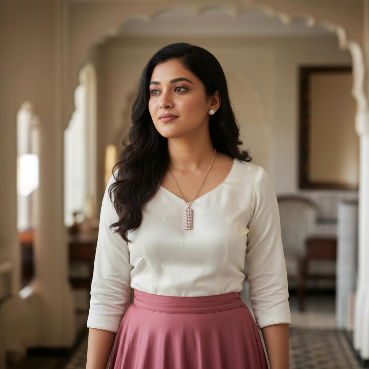 Crystal Studded Rose-Gold Pendant Necklace – Long Statement Chain