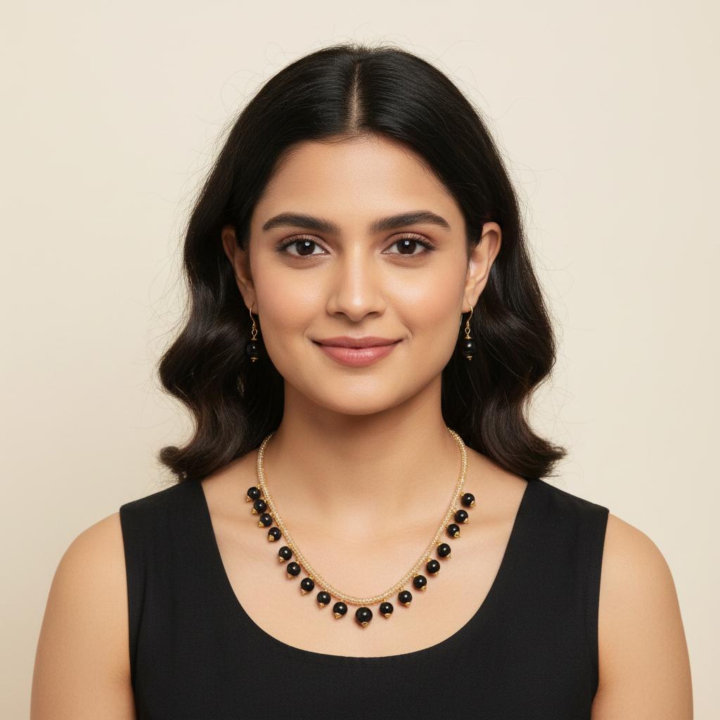 Designer Black Bead Statement Necklace Set – Elegant Party Jewelry