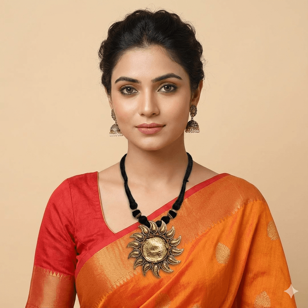 Handcrafted Black Thread Necklace with Vintage Sun Pendant