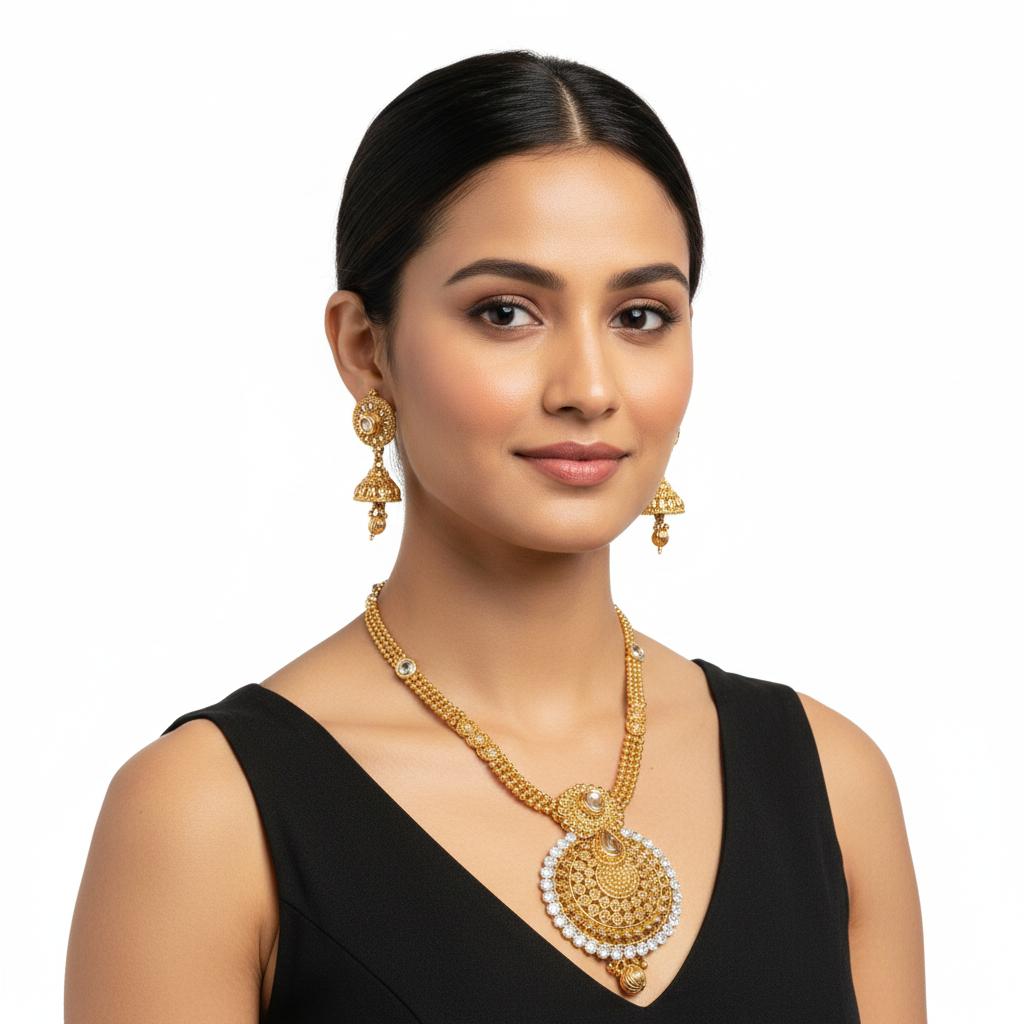 Premium Festive Gold Tone Necklace Set with Intricate Pendant Design