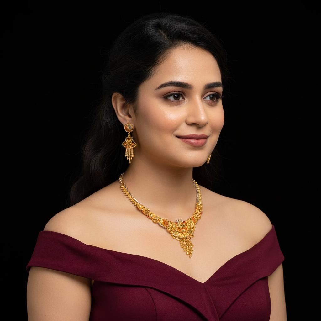 Traditional Gold Plated Temple Necklace Set with Matching Earrings for Women