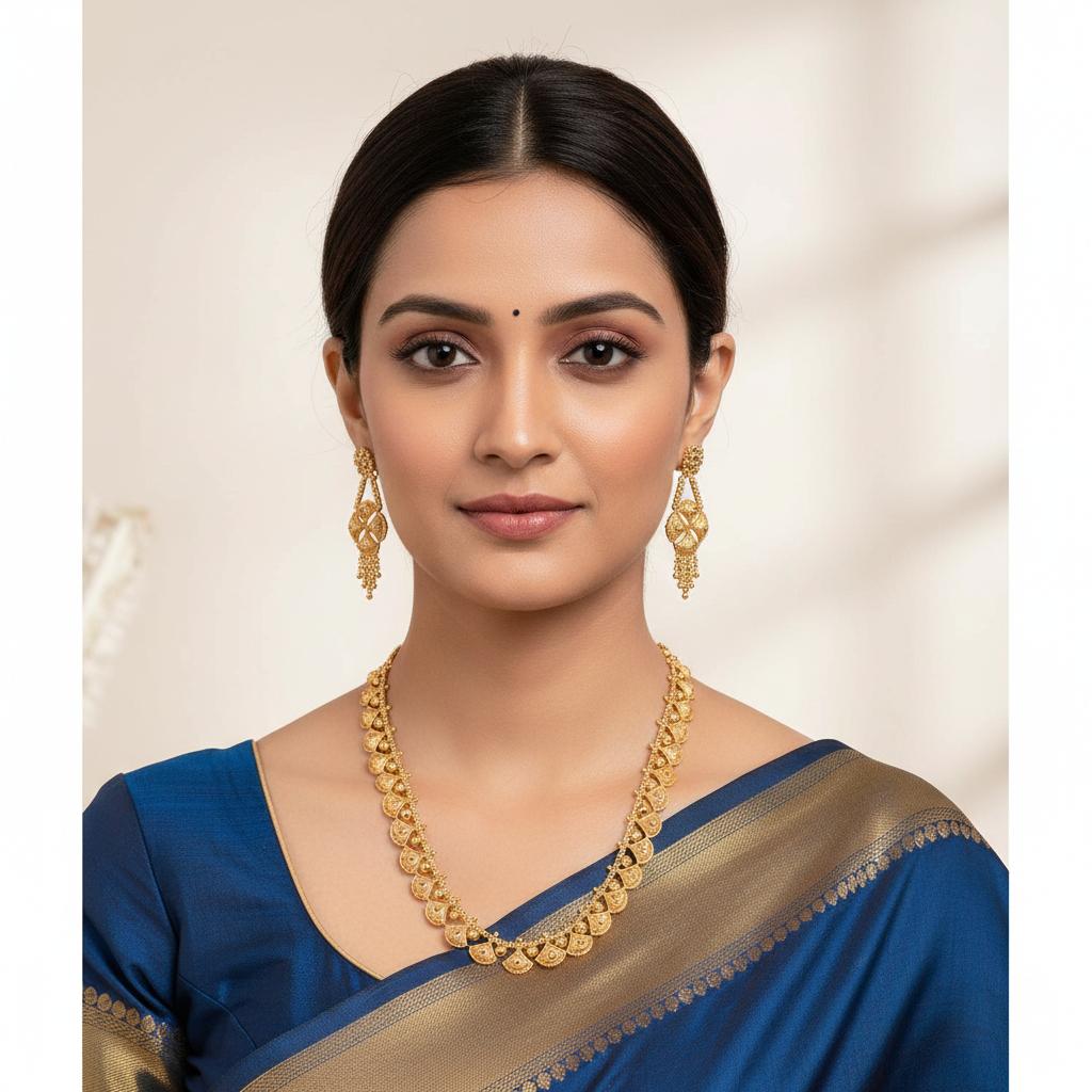 Traditional Long Gold-Plated Leaf Motif Necklace with Earrings